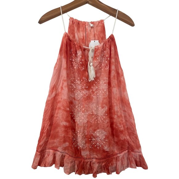 En Creme Mini Dress Sz S Tasseled Orange Tie-Dye Embroidered Boho Flirty Beachy - Picture 1 of 11